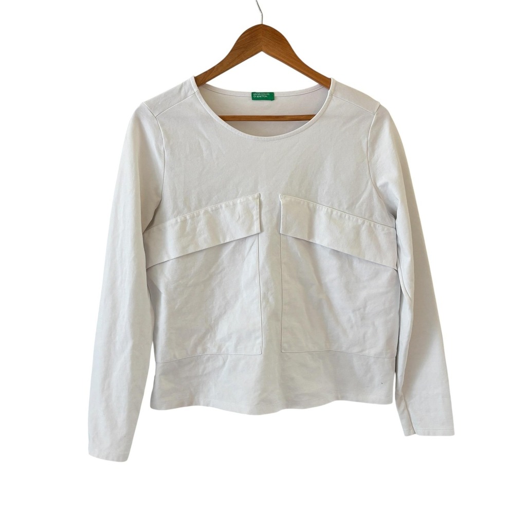 United Colors Of Benetton Long Sleeve Tee Top Womens M White Minimalist Office
